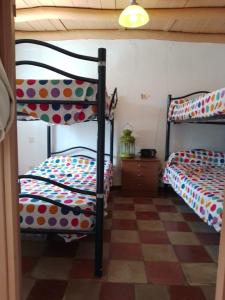 1 dormitorio con 2 literas y suelo a cuadros en La casita en la Alcornocosa -Sevilla, en Sevilla