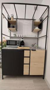a kitchen with a sink and a microwave at Apartament Żurawia in Radom