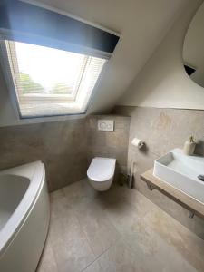 een badkamer met een wit toilet en een wastafel bij La Maison des Roses in Drachenbronn