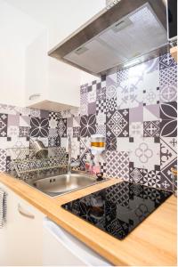 kuchnia z czarno-białymi płytkami na ścianie w obiekcie Villa des palmiers, Studio cosy w mieście Villeneuve-sur-Lot