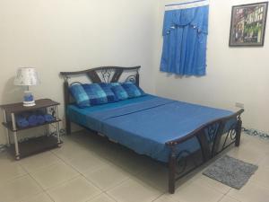 a bedroom with a bed with blue pillows and a table at Blue Summer Suites in Bingag