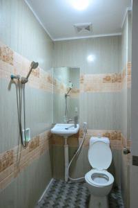 a bathroom with a shower and a toilet and a sink at Villa Elsie Resort and Hotel in General Trias