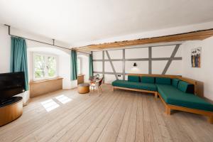 un salon avec un canapé vert et une télévision dans l'établissement SeeHotel Amtshof, à Langenargen