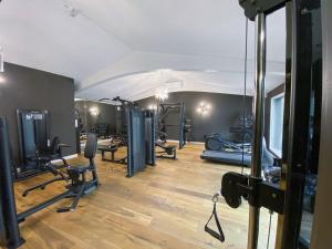 einen Fitnessraum mit mehreren Laufbändern und Heimtrainern in der Unterkunft Boutiquehotel Goldhahn Bio Sport & Wellness in Aalen