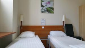 a hospital room with two beds and a picture of a flower at Hotel Isis in Amsterdam
