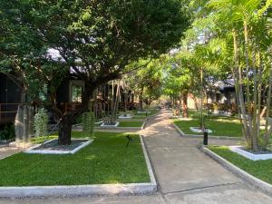 a street with palm trees and a sidewalk at Family House Zen Boutique Resort in Pai