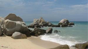 un grupo de rocas en una playa con el océano en Hotel Việt Sang, en La Gi