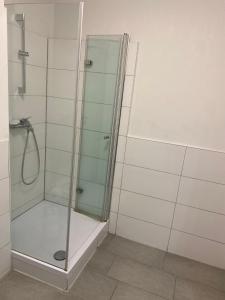 a shower with a glass door in a bathroom at Monteurwohnung Haus Elbert 3 in Hagen