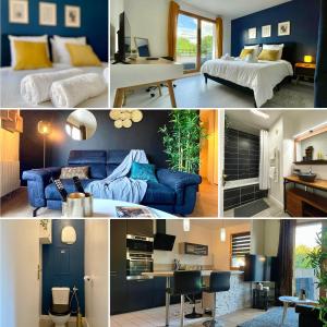 een collage van vier foto's van een woonkamer bij Séjour Business & Famille, 2 chambres, Parking & WiFi in Brétigny-sur-Orge