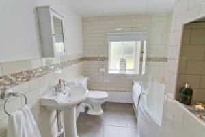 Un baño blanco con lavabo e inodoro. en Tyn Llan, en Bodorgan 11 fotos más