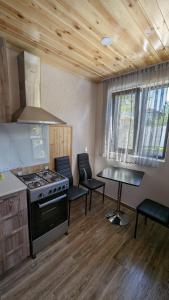 a kitchen with a stove and chairs and a table at Taripiri Cottages in Ambrolauri +61 photos