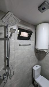 a bathroom with a shower with a toilet and a window at Taripiri in Ambrolauri