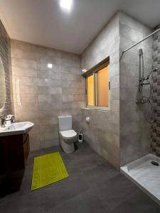 ein Bad mit einem WC, einem Waschbecken und einer Dusche in der Unterkunft Cozy, Spacious 3 Bedroom Maisonette, 6 to 9 ppl, 1 min walk from Seafront in Marsaxlokk
