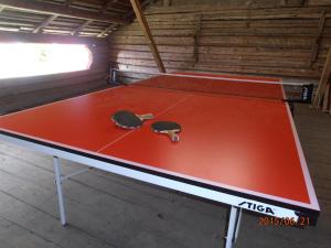 una mesa de ping pong con dos raquetas de ping pong en Kalliomajat, en Ylivalli