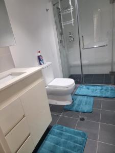 a bathroom with a toilet and blue mats on the floor at Parramatta Shared Apartment in Sydney