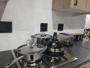 a stove top with two pots and pans on it at Tshepang Apartments Secunda in Secunda