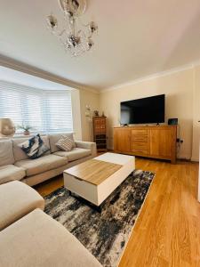 uma sala de estar com um sofá e uma televisão de ecrã plano em Astor house Maidstone long stay em Maidstone