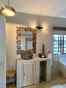 ein Bad mit einem Waschbecken und einem Spiegel in der Unterkunft Fever Tree Guesthouse in Hillcrest