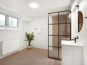 ein Bad mit einem Waschbecken und einer Glasdusche in der Unterkunft Sanders Charm - Cozy One-Bedroom Apartment with Shared Garden in Kopenhagen