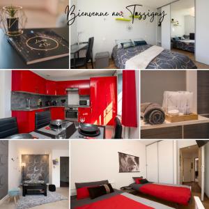 uma colagem de fotos de um quarto com armários vermelhos em Le Tassigny - Hyper-Centre Balneo em Remiremont