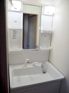 ein Badezimmer mit einem weißen Waschbecken und einem Spiegel in der Unterkunft Tokyo KD House 301 in Tokio