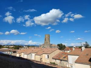 uma vista para uma cidade com uma igreja e telhados em Charme de Victor ConciergerieDameCarcas em Carcassonne