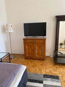 1 dormitorio con TV de pantalla plana en un armario de madera en Altbauwohnung im Herzen vom Lend, en Graz