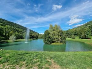 Petit nid entre lac et montagnes في آلوفارْ: بحيرة في حقل مع شلال في الوسط