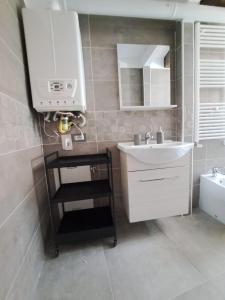 a bathroom with a white sink and a mirror at Alloggiamo in Modena