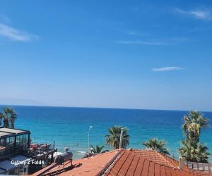 a view of a beach with palm trees and the ocean at Lulubay Rooms & Suites in Kuşadası