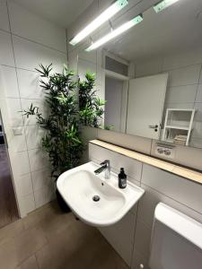 y baño con lavabo y espejo. en City Appartement direkt am Schloss! en Karlsruhe