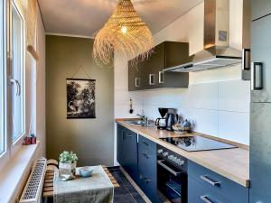 a kitchen with blue cabinets and a chandelier at Olivia in Tholey