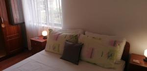 sypialnia z łóżkiem z poduszkami i oknem w obiekcie Apartments Srhoj w mieście Stari Grad