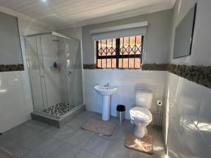 a bathroom with a toilet and a shower and a sink at The Bush Baby Accommodation in Amanzimtoti