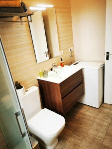 bagno con lavandino, servizi igienici e specchio di Apartamento Drago Chico a Icod de los Vinos