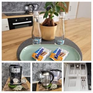 a collage of pictures of a kitchen with bottles of water at Apartament Pod Orzechem in Bydgoszcz