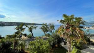 - une vue sur une étendue d'eau avec un palmier dans l'établissement Apartments Gorisek, à Šilo