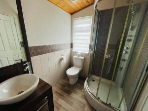 a bathroom with a sink and a toilet and a shower at Crystal Lodge with Hot Tub in Malton +5 photos