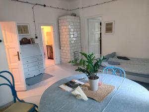 a room with a table and a bedroom with a bed at Willa Gaszek in Inowłódz