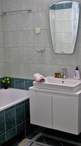 een badkamer met een witte wastafel en een spiegel bij Spacious and quiet apartment in Skopje