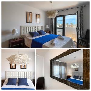 two pictures of a bedroom with a bed and a mirror at Laguna Home by Best Holidays Fuerteventura in Corralejo