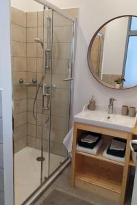 a bathroom with a shower and a sink and a mirror at Chartreuse in Saint-Franc
