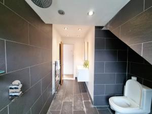 a bathroom with a toilet and black tiles at Bright top floor, 1 bed apartment in great location in London