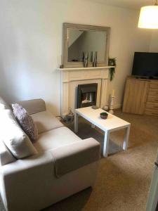 a living room with a couch and a fireplace at Bluebell House 2 bedroom with parking and garden in Scunthorpe