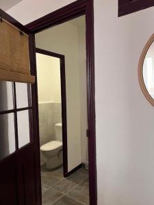 萊旺的住宿－Bel appartement neuf, cosy et d’époque aux Vans，一间带卫生间的浴室和一个带镜子的门