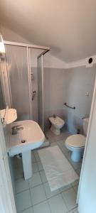 La salle de bains est pourvue de 2 toilettes, d'un lavabo et d'une douche. dans l'établissement Joli studio vue mer, à Menton