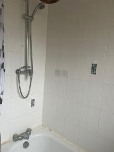 een douche in een wit betegelde badkamer met een bad bij Benham in Parkside