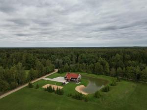 an aerial view of a house on a green field at Homestead Miško Vingis in Bulavėnai