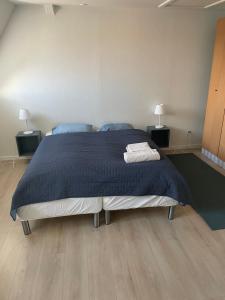 a bedroom with a large bed with blue sheets and two lamps at Hotel Vin & Gastro in Aabenraa