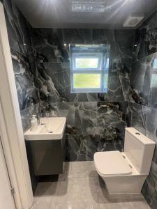 a bathroom with a toilet and a sink at Large studio flat B near Heathrow in New Bedfont
